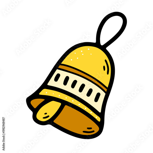 Doodle Christmas bell with ribbon. Hand drawn festive jingle bell isolated on white background. Outline winter holiday decor symbol. Vector illustration in cartoon style for Christmas, New Year design