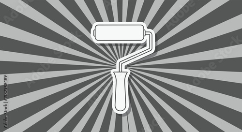 Paint roller tool icon with a thick outline against a grey and white sunburst background for home improvement or renovation service branding.