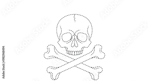 Dashed line skull and crossbones template for kids to trace and color during pirate themed school lessons or halloween craft activities.