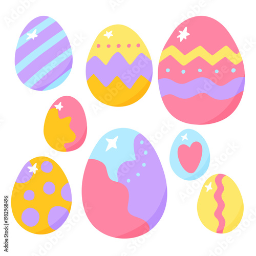 Colorful Easter eggs in dopamine style set. Bright pastel palette ornaments. Cartoon elements isolated on white background for spring holiday decor, cards, stickers. Vector festive design illustration