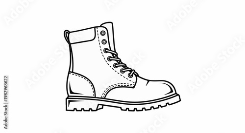 A black and white line drawing of a sturdy work boot