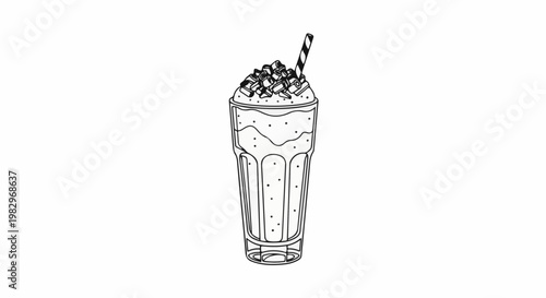 A black and white line drawing of a tall glass filled with a frothy beverage topped with ice and a striped straw