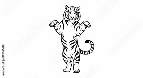 A black and white line drawing of a tiger standing on hind legs