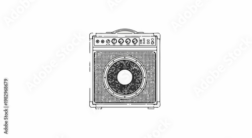 A black and white line drawing of a vintage guitar amplifier with a speaker