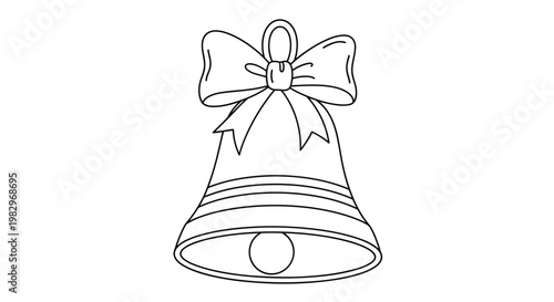 Coloring page featuring a traditional holiday bell decorated with a large ribbon bow at the top for children to color and enjoy.