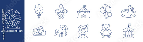 Amusement park set icon. Collection with ferris wheel, ice cream cone, clown face, circus tent, balloons, duck float, tickets, carousel horse, target board, teddy bear, swing ride.