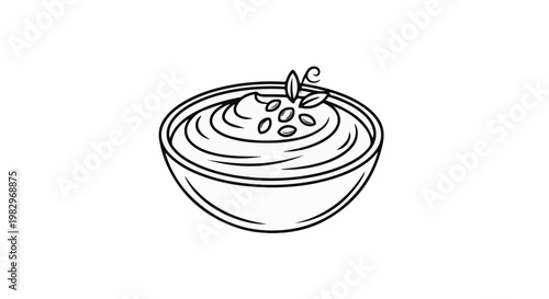 A black and white outline drawing of a bowl of creamy dip garnished with seeds and leaves