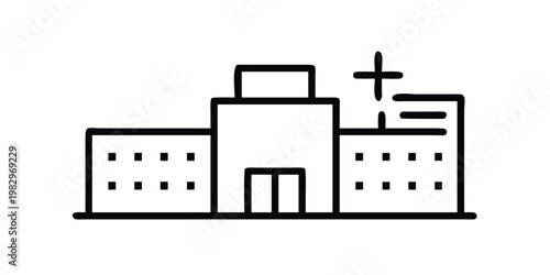 Simple line drawing of a hospital building icon with a medical cross symbol for healthcare design