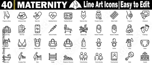 Maternity line art icons set, Pregnancy journey with elements like pregnancy bump, ultrasound scan, baby kick, heartbeat monitor, hospital bag, and birth plan, vector illustration.