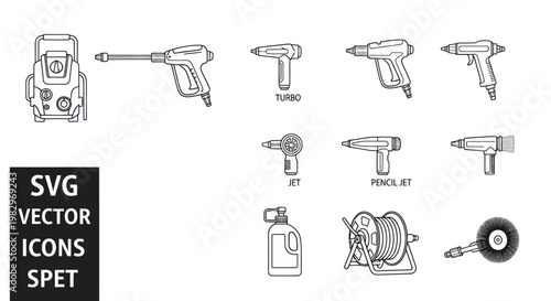 Pressure Washer Icons Set: Cleaning Tools Vector Collection