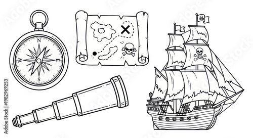 Pirate Ship, Treasure Map, Compass, and Spyglass Vector Icons