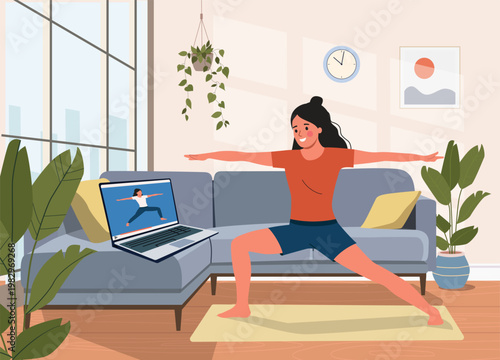 Woman doing yoga at home following online class on laptop in cozy living room, healthy lifestyle concept. Vector flat  cartoon illustration