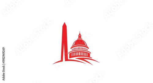Red Silhouette of US Capitol Building and Washington Monument on White Background