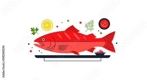 Red Salmon Dish with Lemon and Herbs, Flat Illustration