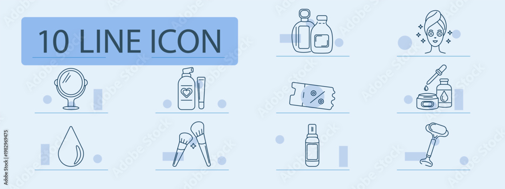 Fototapeta premium Skincare set icon. Mirror, lotion, mask, serum, brushes, bottle, roller, cosmetic, beauty, facial, spa, care, treatment, hygiene, wellness, routine