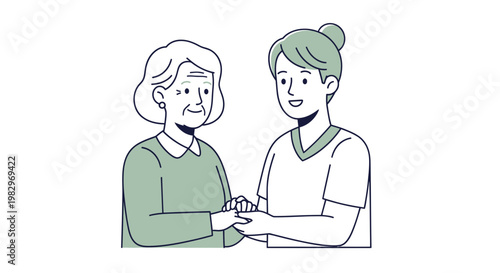 Caring hands: Young woman supports elderly woman with gentle touch and smile