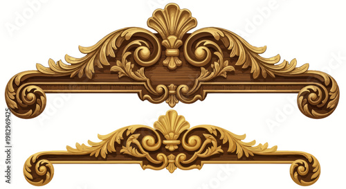 Antique Gold Ornate Scrollwork Decorative Element, Vintage Wood Carving Detail