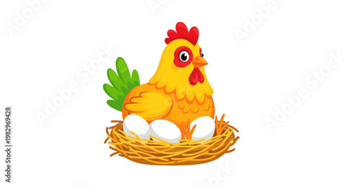 Cartoon Chicken Sitting on Nest with Eggs, Farm Animal Illustration
