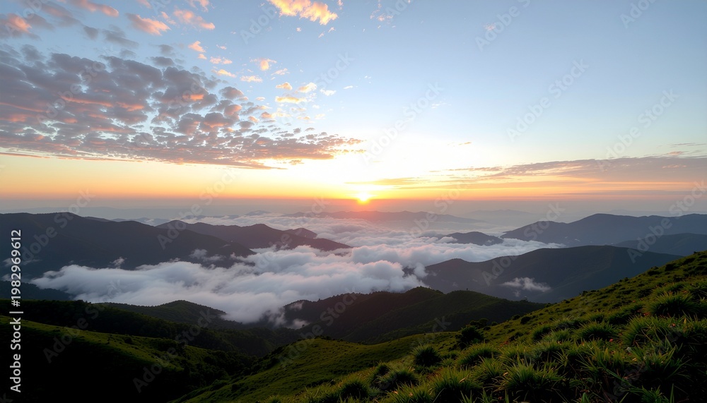 Fototapeta premium Breathtaking Panoramic Sunrise Over Majestic Mountain Range and Misty Valleys at Dawn