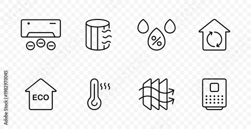 Energy efficiency set icon. Air conditioner, humidity control, eco home, heat temperature, ventilation flow, smart meter, sustainability, climate control, household energy saving