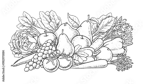 Retro Botanical Food Illustration with Fruits and Vegetables in Engraved Etching Style