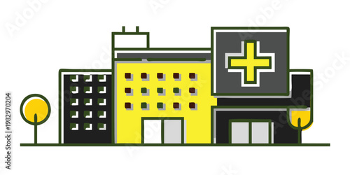 Cartoon Illustration of a Modern Hospital Building with Yellow Facade and Medical Cross
