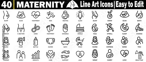 Maternity line art icons set. Featuring pregnancy bump, ultrasound scan, heartbeat, baby kick, nesting, glow, birth, labor, c-section, cord, and footprints, vector illustration.