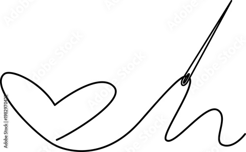 Simple line isolated illustration of sewing needle with thread in heart shape. Love sewing and embroidery hobby