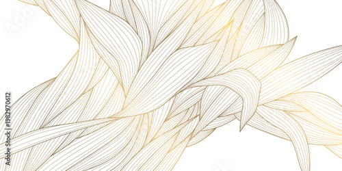 Luxury gold leaf pattern with elegant line floral elements background. Botanical vector illustration, Japanese ornament, Art Deco and Nouveau motif, spa branding, tea packaging, wedding.