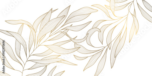Luxury gold leaf pattern with elegant line floral elements background. Botanical vector illustration, Japanese ornament, Art Deco and Nouveau motif, spa branding, tea packaging, wedding.