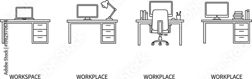 Modern workspace icons set with desk computer lamp and office furniture minimal line style illustration collection isolated on white