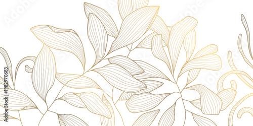 Luxury gold leaf pattern with elegant line floral elements background. Botanical vector illustration, Japanese ornament, Art Deco and Nouveau motif, spa branding, tea packaging, wedding.