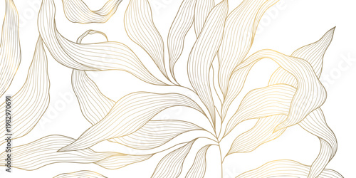 Luxury gold leaf pattern with elegant line floral elements background. Botanical vector illustration, Japanese ornament, Art Deco and Nouveau motif, spa branding, tea packaging, wedding.