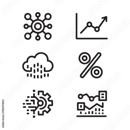 Data analysis line icons set, business growth and technology symbols, 6 vector elements for financial reports and digital marketing