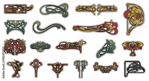 Art Nouveau Decorative Stickers and Ornaments Collection for Vintage Design Borders Isolated on White Background