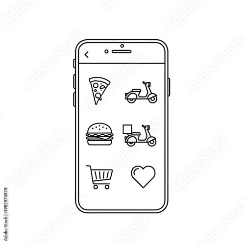 Mobile phone with food delivery icons.