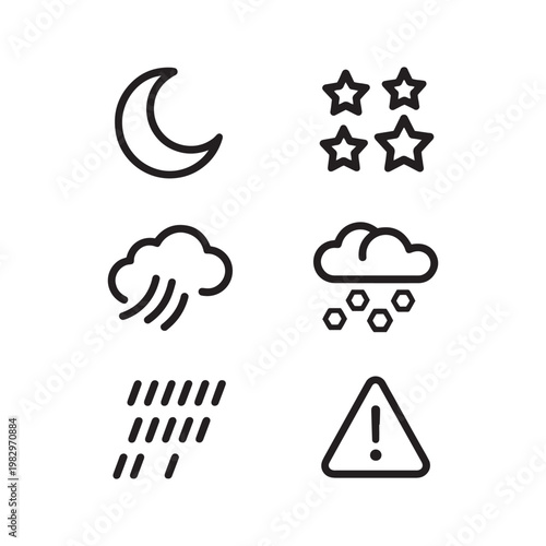 Minimalist weather icon set, black line art meteorology symbols, 6 vector elements for forecast apps and environmental reports