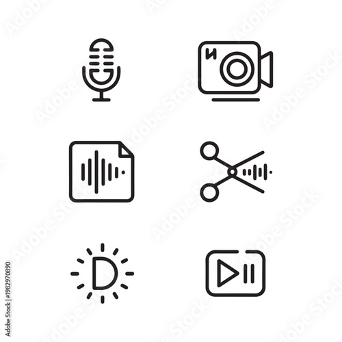 Minimalist video editing icon set, 6 black line vector icons for multimedia production, professional podcast and film post-production symbols