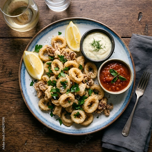 Delicious Fried Calamari with Lemon, Herbs, and Dipping Sauces on a Wooden Table