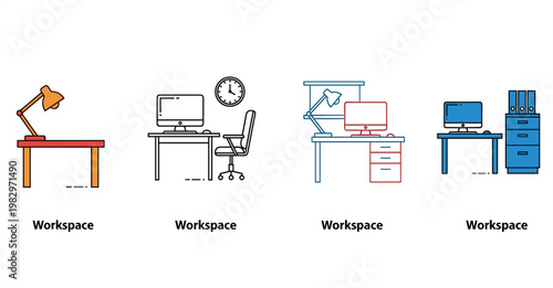 Modern workspace icons set with desk computer lamp and office furniture minimal line style illustration collection isolated on white