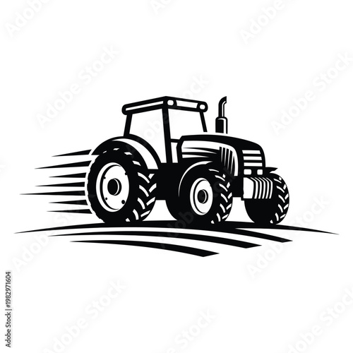 A black and white illustration of a tractor speeding across a field