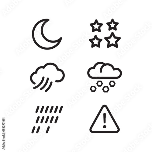 Minimalist weather icon set, black line art meteorology symbols, 6 vector elements for forecast apps, moon stars and rain cloud graphics