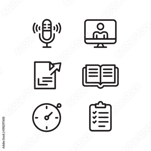 Minimalist online education line icons set, 6 digital learning vector elements, webinar and podcast symbols for e-learning platforms