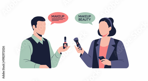 Two people discussing makeup and beauty products.