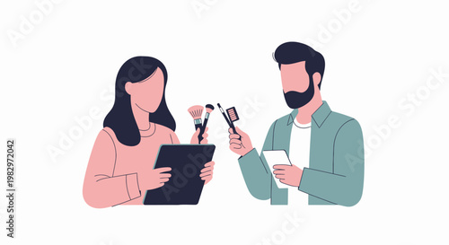 Two people discussing makeup products and beauty trends.