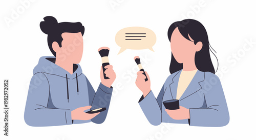 Two people discussing makeup products and beauty routines.