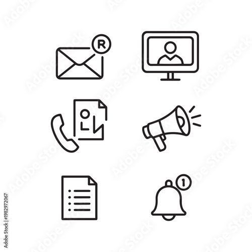 Minimalist business communication icon set, 6 black line vector elements, professional contact and notification symbols for web interface design