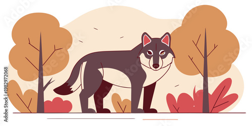 Stylized flat illustration of a gray wolf standing in a dense autumn forest landscape