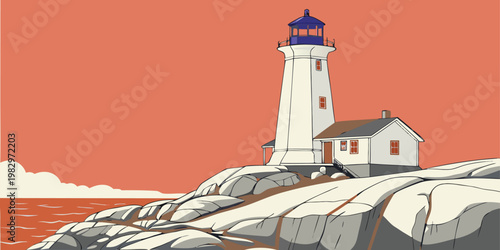 Stylized illustration of a white lighthouse with blue top on a rocky coastline under orange sky