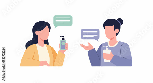 Two women discussing skincare products with speech bubbles.